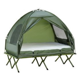 2-Person Foldable Camping Cot, Portable Outdoor w/ Bedspread & Thick Air Mattress, 4-In-1 Elevated Camping Bed Tent for Hiking, Picnic, Green