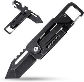Keychain Knife, Carabiner Multitool, Tanto Pocket Knife with Key Clip, Box Cutter, Can/Bottle Opener, Screwdriver Wrench, Pry Tools