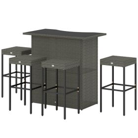 5 Piece Rattan Wicker Bar Set, High Top Outdoor Table and Chairs, Bar Height Patio Set, 2 Shelves & 4 Bar Stools, Gray (Option: Dark Gray-815x405x370 mm)