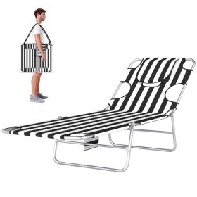 Tanning Chair with Face Hole, 5-Level Adjustable Outdoor Chaise Lounge Chair with Pillow for Beach, Pool, Black Stripe (Option: Black Stripe-720x110x570 mm)