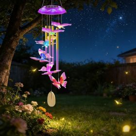 1Pc Solar Butterfly Wind Chime With Aluminum Tubes 7 Color Changing Wind Chime For Outside IP44 Waterproof Outdoor Garden Yard Decor (Option: Purple and Yellow Butterfly)