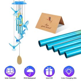 1Pc Solar Butterfly Wind Chime With Aluminum Tubes 7 Color Changing Wind Chime For Outside IP44 Waterproof Outdoor Garden Yard Decor (Option: Blue Hummingbirds)