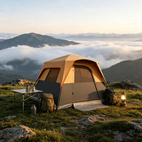 Inflatable Camping Tent, 1-2 Person Glamping Tent with Hand Pump, Blow Up Tent with Doors, Carry Bag, Khaki and Brown (Color: Orange)