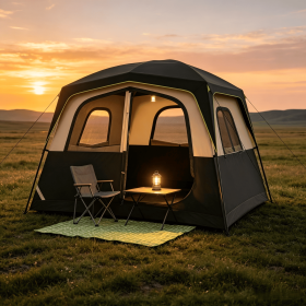 6-Person Family Camping Tent Easy Setup Cabin Style with Top Rainfly And Mesh Windows for Comfortable Outdoor Stay (Color: Black)